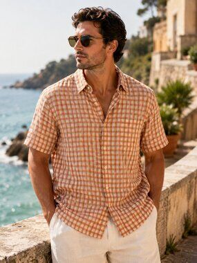 Alex Cannon 100 Linen Plaid Short Sleeve Button Up Shirt Medium